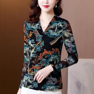 ROUMIKL杭州高端网纱打底衫女春秋冬大码义乌V领T恤四季青早秋款