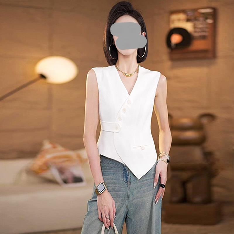 RIERA马甲女款2025新款薄款夏季白色西装坎肩高级感不规则外穿马