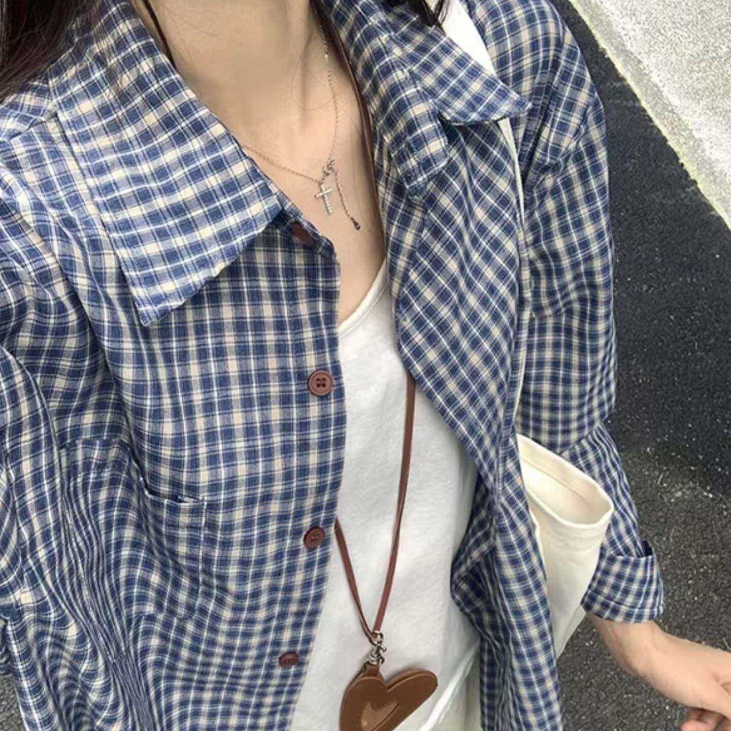 ROUMIKL蓝白格子薄款衬衫女早秋外搭2025新款清爽通勤长袖开衫慵