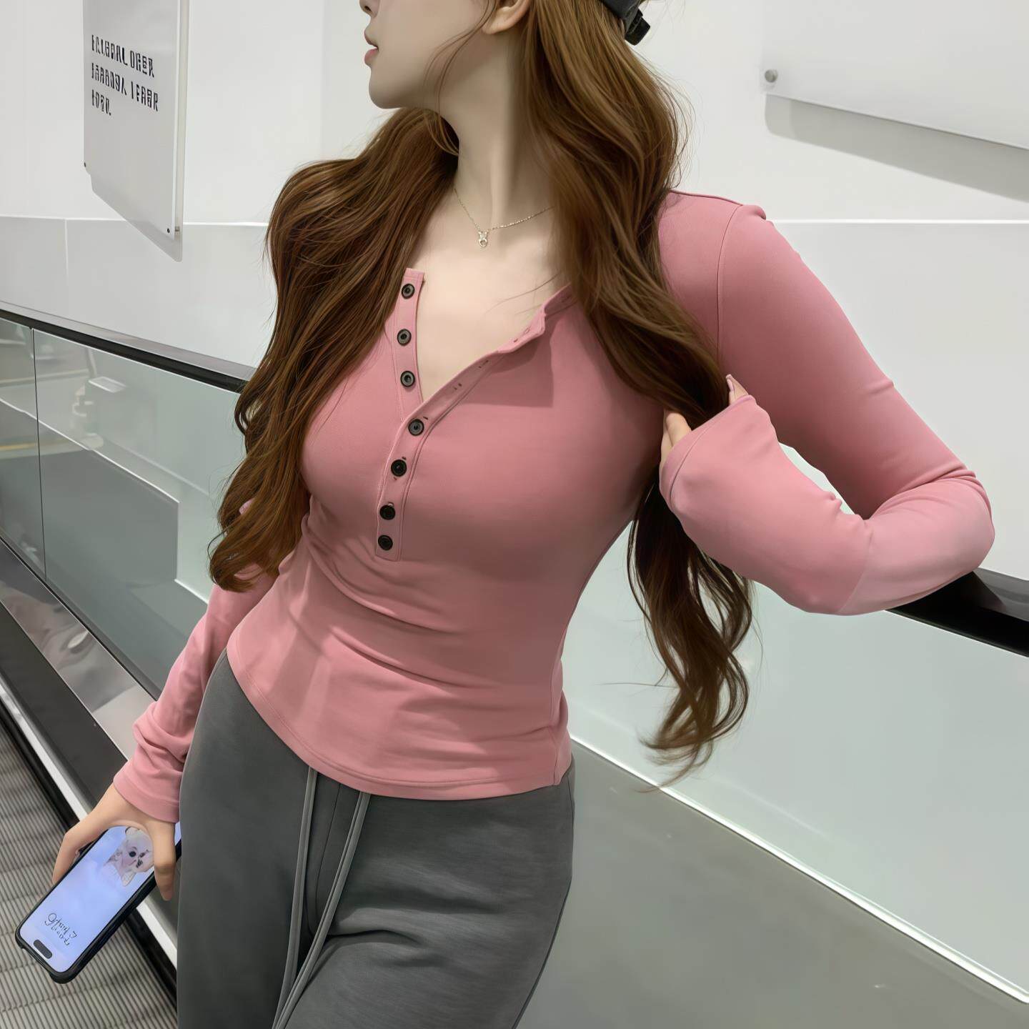 ROUMIKL半开领纽扣打底T恤女2025新款秋季紧身显瘦弹力内搭纯色长