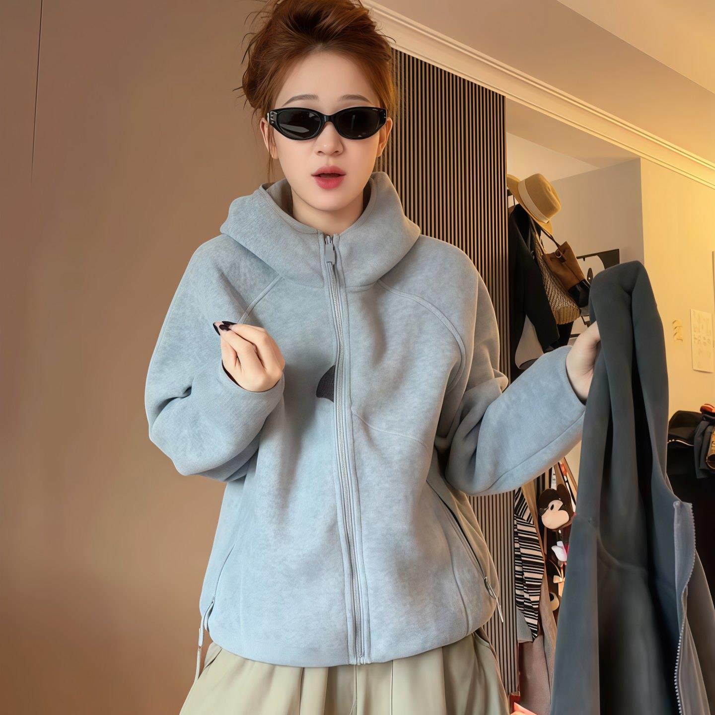 ROUMIKL连帽保暖拉链卫衣外套女秋冬加厚款运动休闲长袖口袋开衫