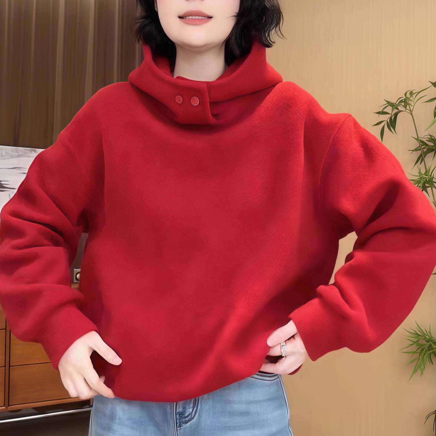 ROUMIKL连帽立领红色卫衣女2025新款秋冬保暖宽松显白帽衫慵懒风