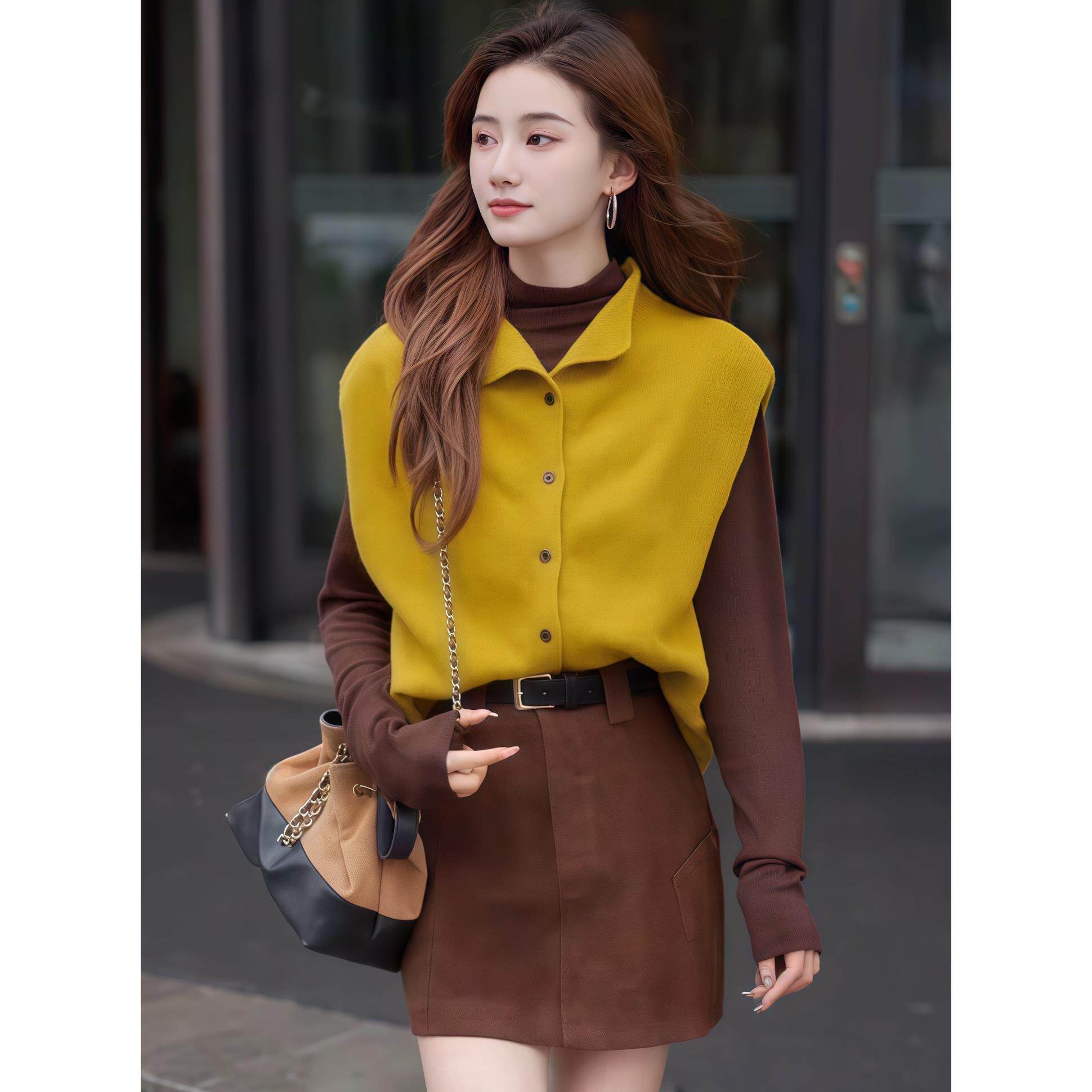 ROUMIKL黄色无袖针织马甲女2025新款秋季叠穿单排扣坎肩背心外搭