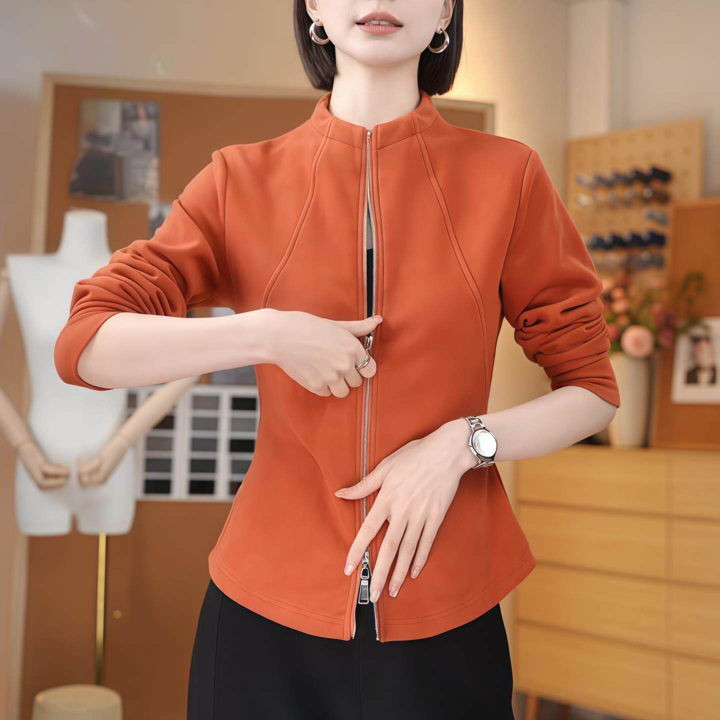 ROUMIKL立领双拉链短款T恤女2025新款秋季收腰显瘦叠穿外穿开衫长