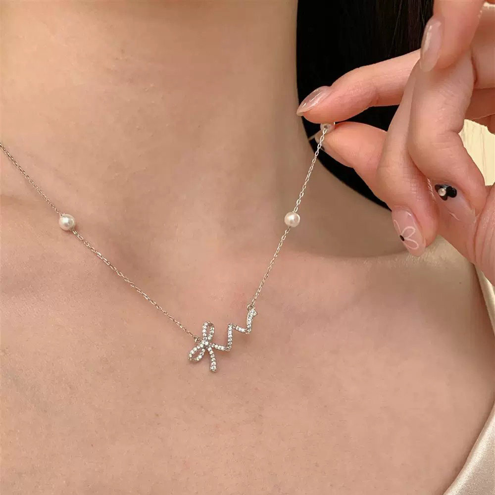 S925纯银镶钻蝴蝶结珍珠项链女生