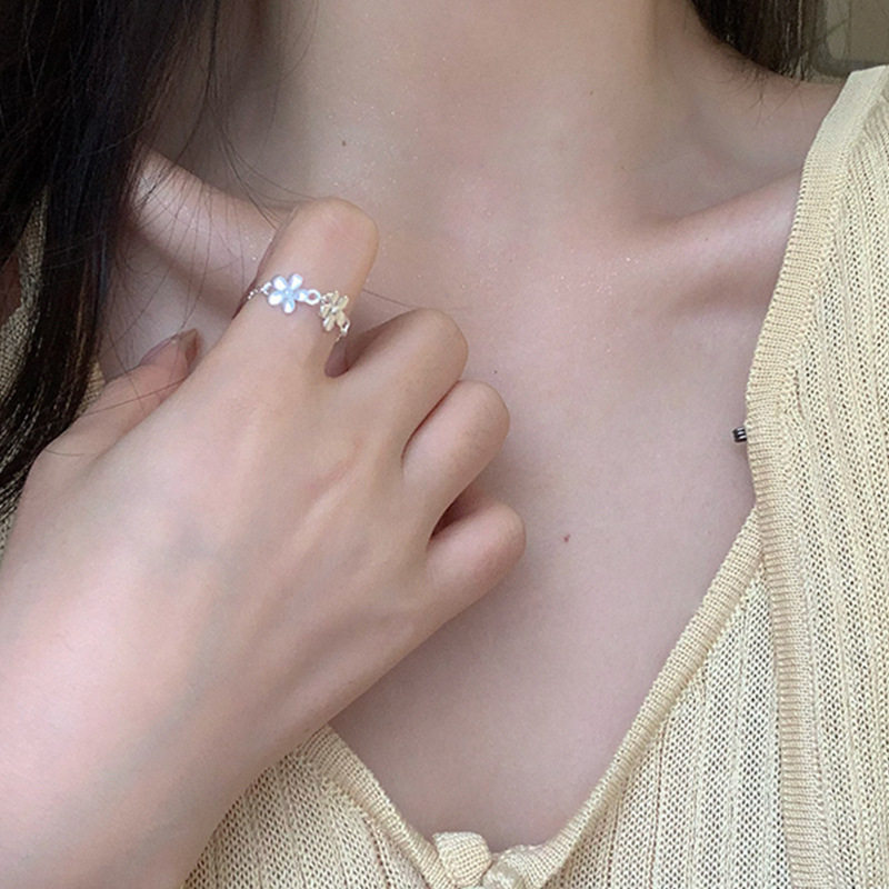 花朵链条戒指925通体纯银爱心尾