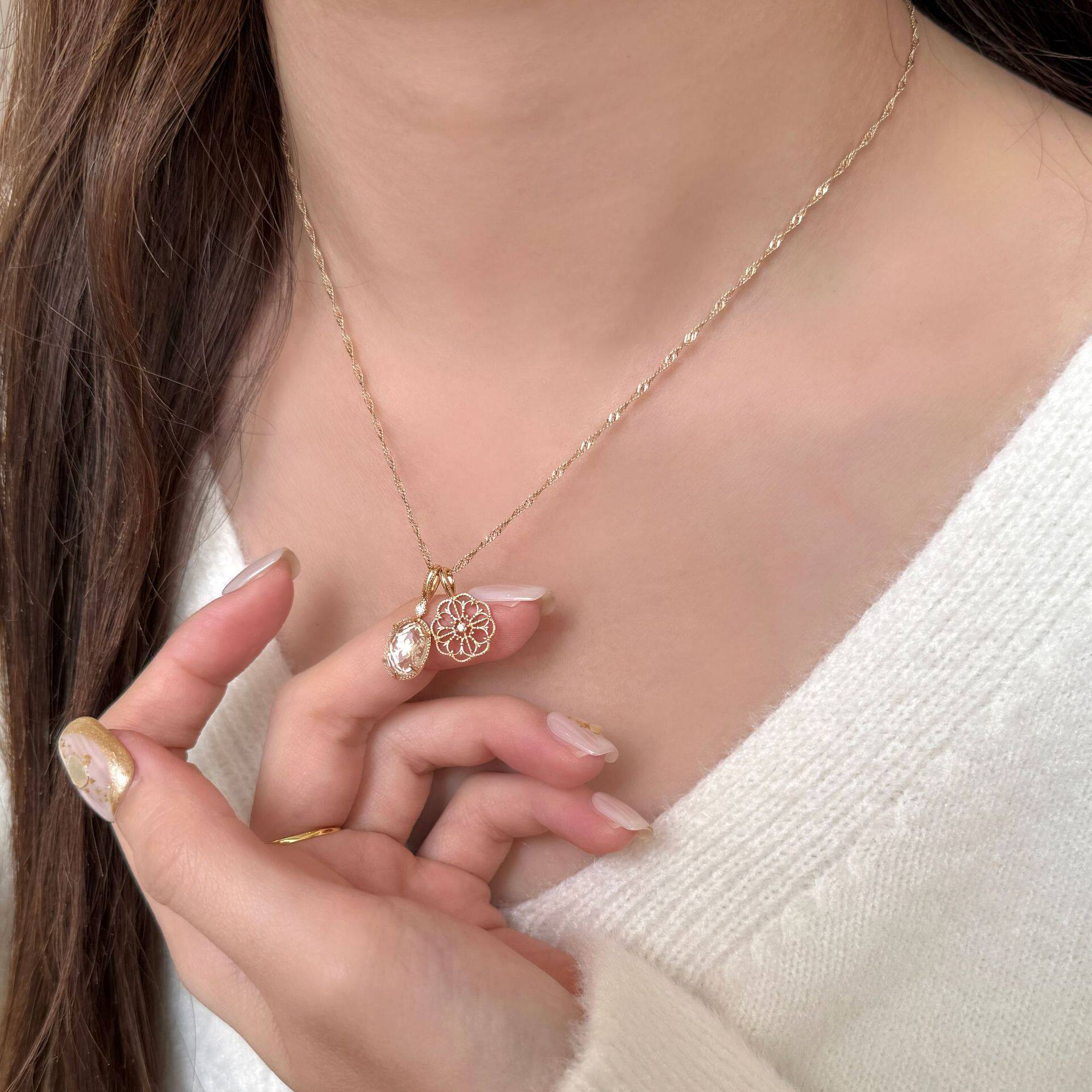S925纯银蕾丝花花白水晶项链女轻