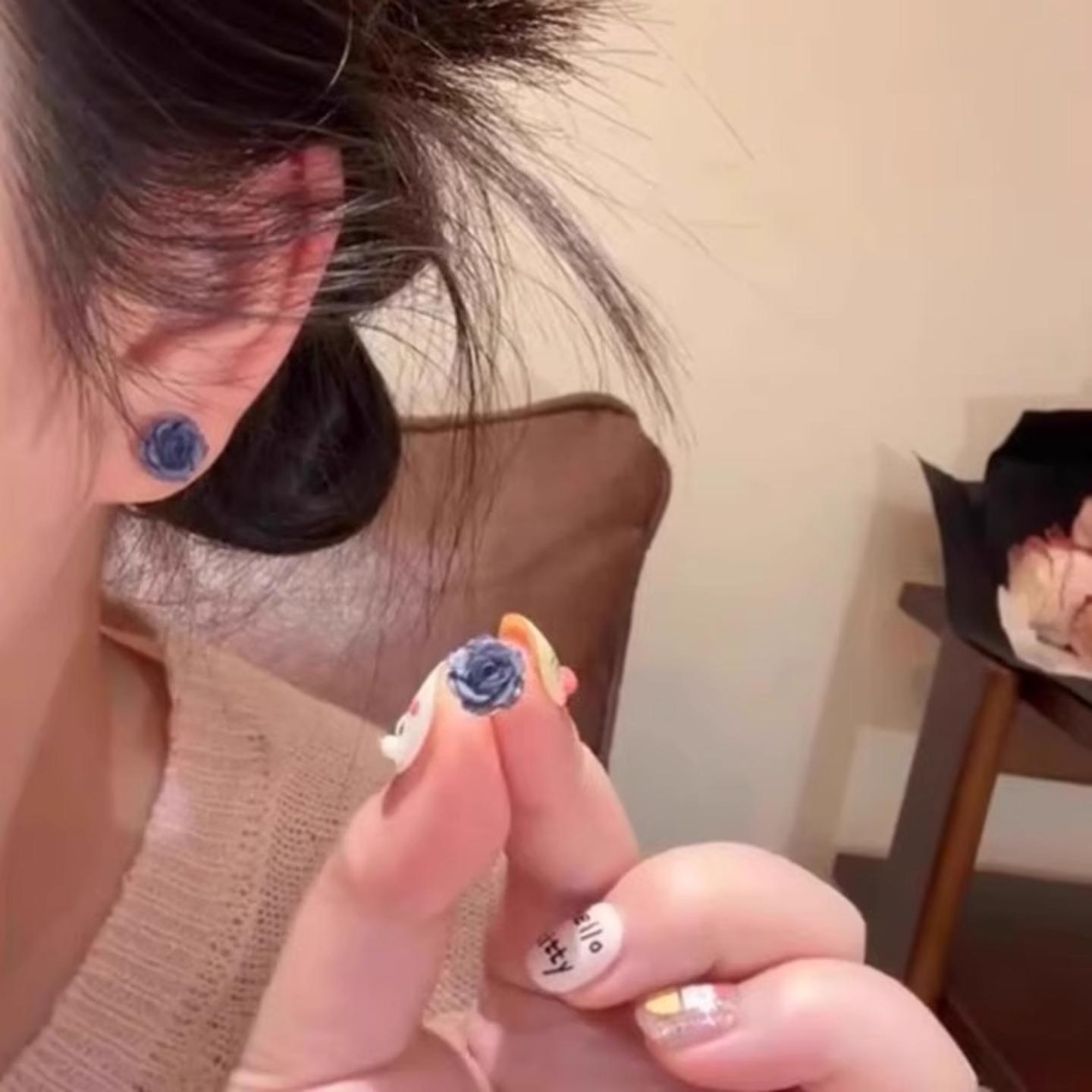 立体雾紫色玫瑰花耳钉s925女小众