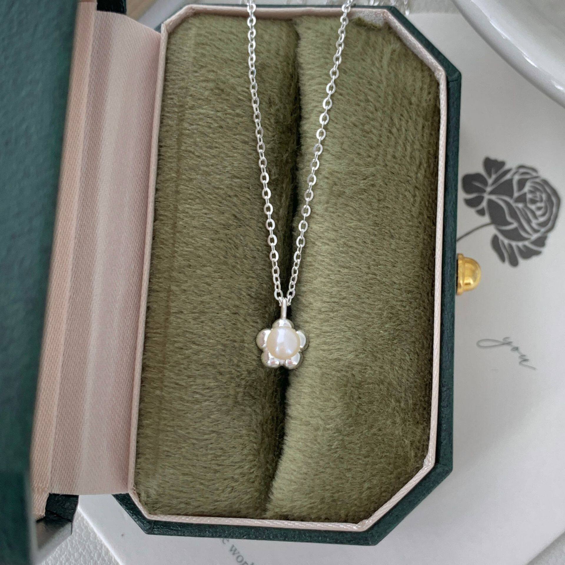 S925纯银花朵珍珠项链女款日系复