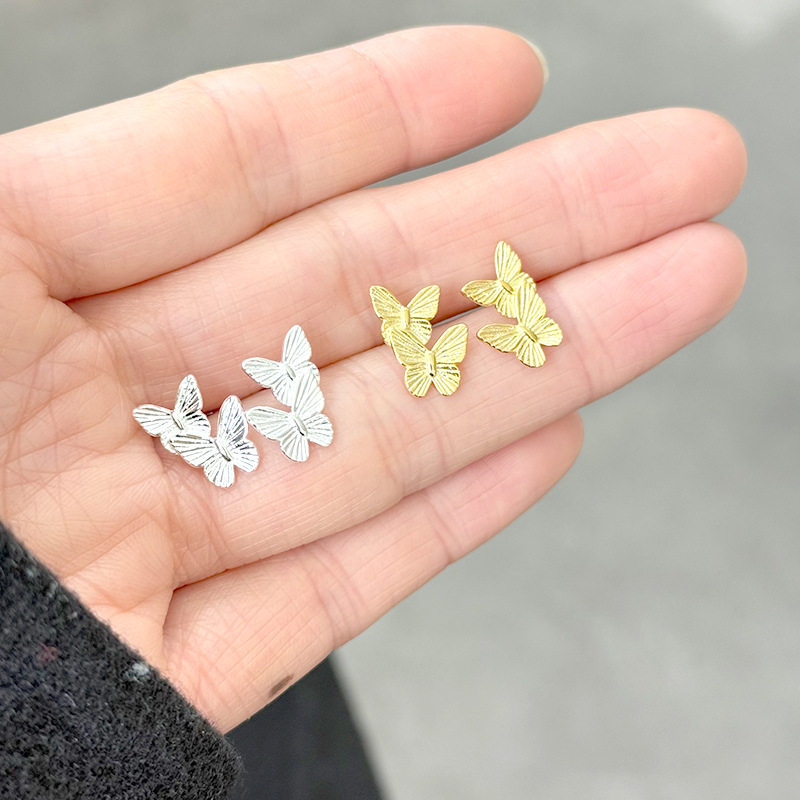 925纯银不对称双蝴蝶耳钉女简约