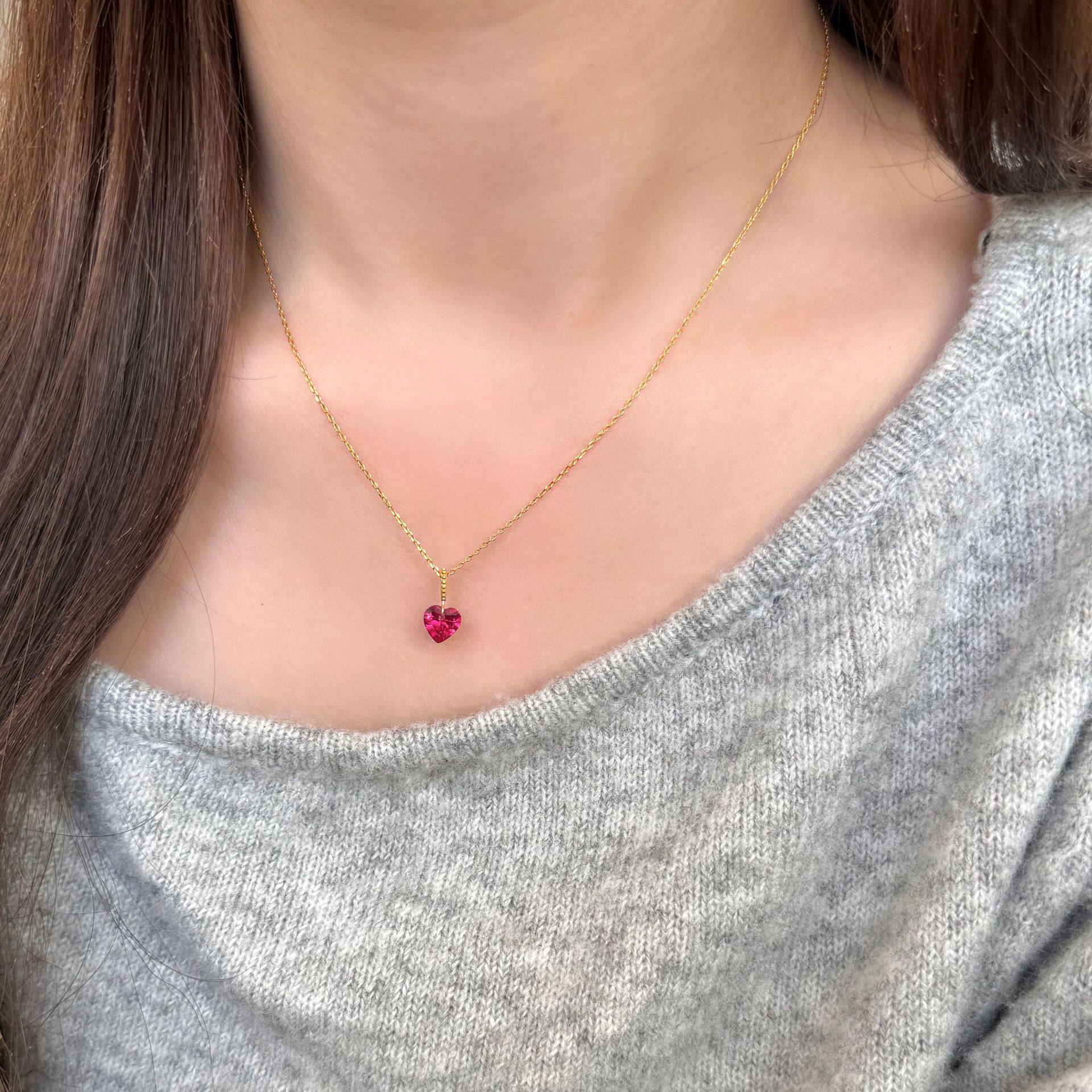 S925纯银小樱桃红宝石爱心项链女