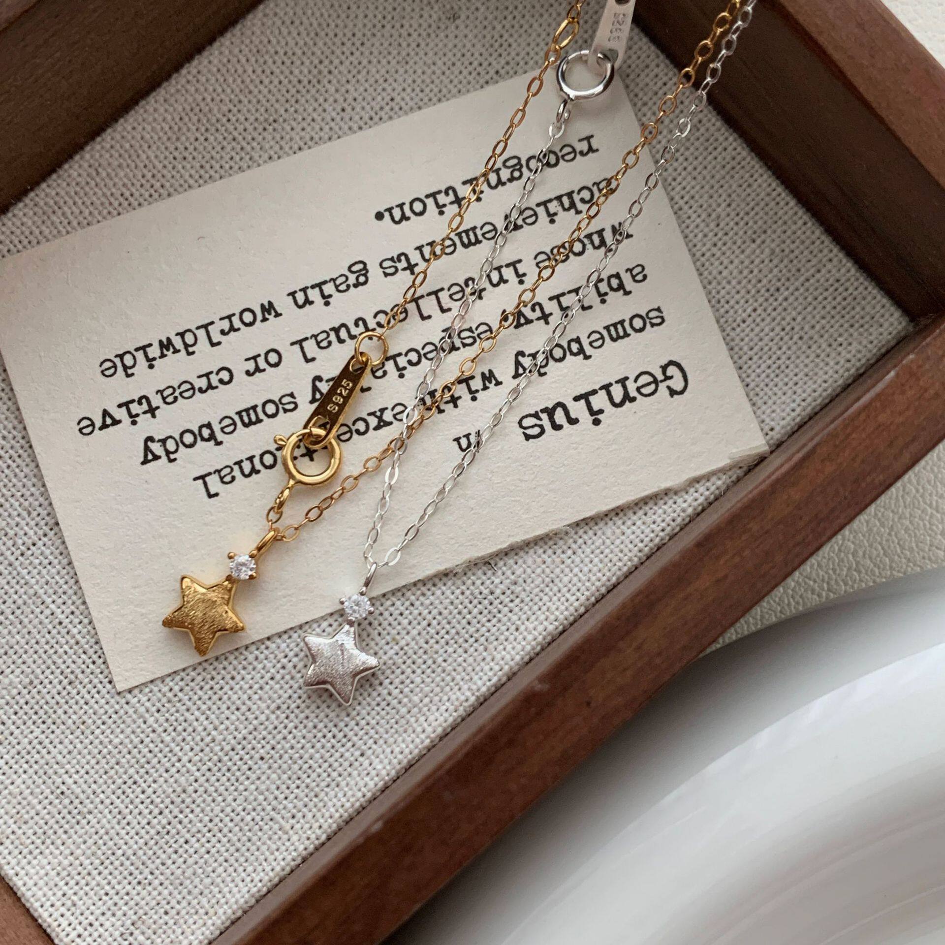 S925纯银锆石拉丝星星项链女小众