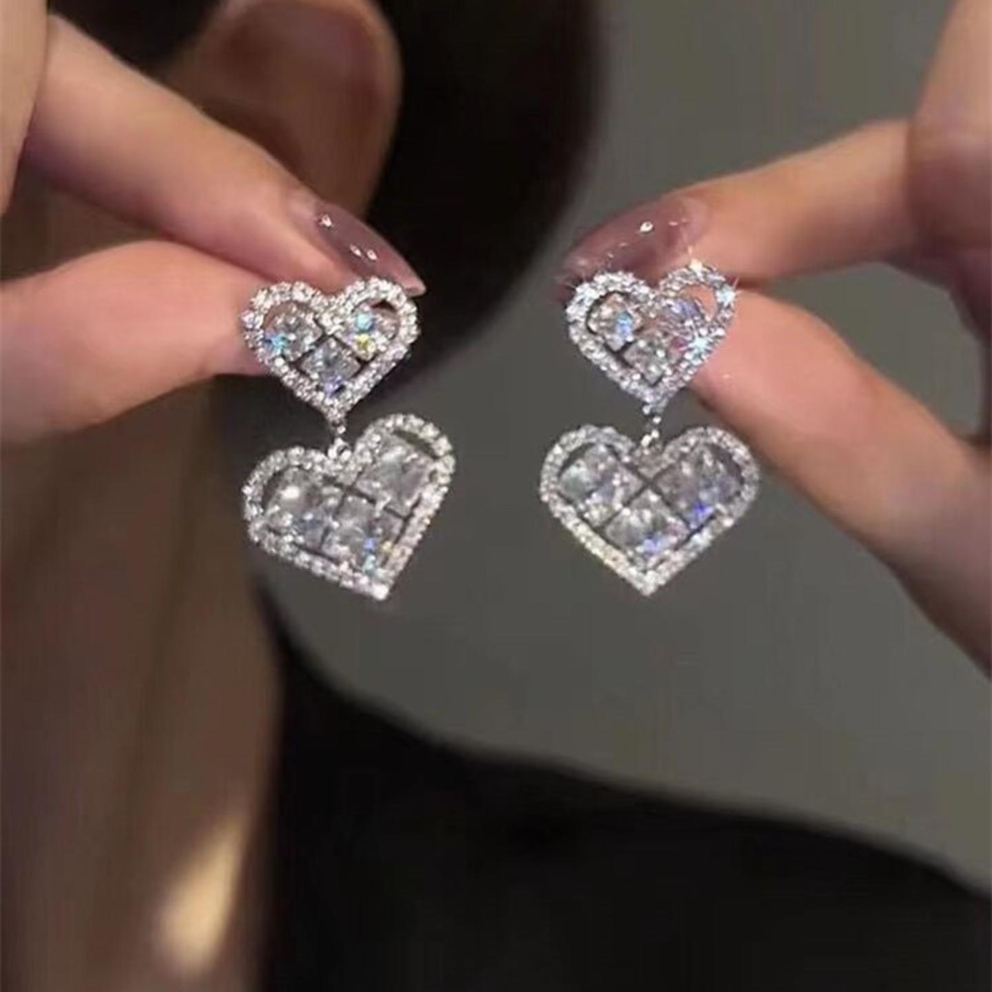 精致满双爱心水晶耳环耳钉女S925