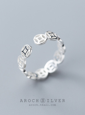 s925纯银戒指女日韩风简约小清新铜钱可调节情侣介指冷淡风指环