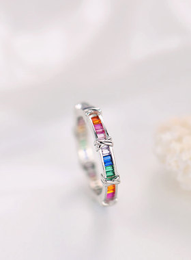 925纯银彩虹锆石戒指女不掉色小众设计感指环简约冷淡风戒子