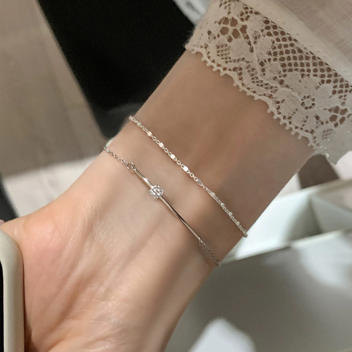 S925纯银极细小方钻手链女轻奢精