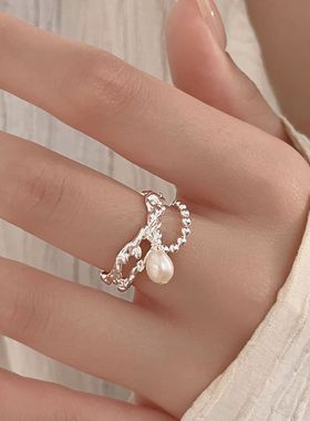 s925珍珠镂空链条纯银开口戒指女小众设计高级感食指戒可调节轻奢