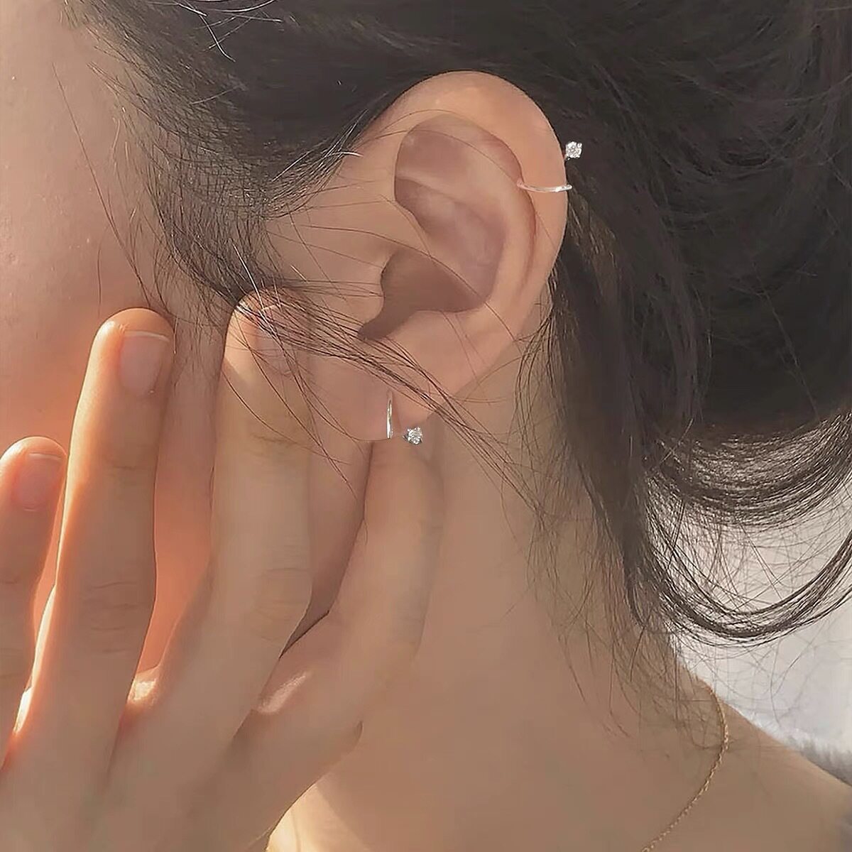 S999纯银小众设计镶钻耳圈男女个