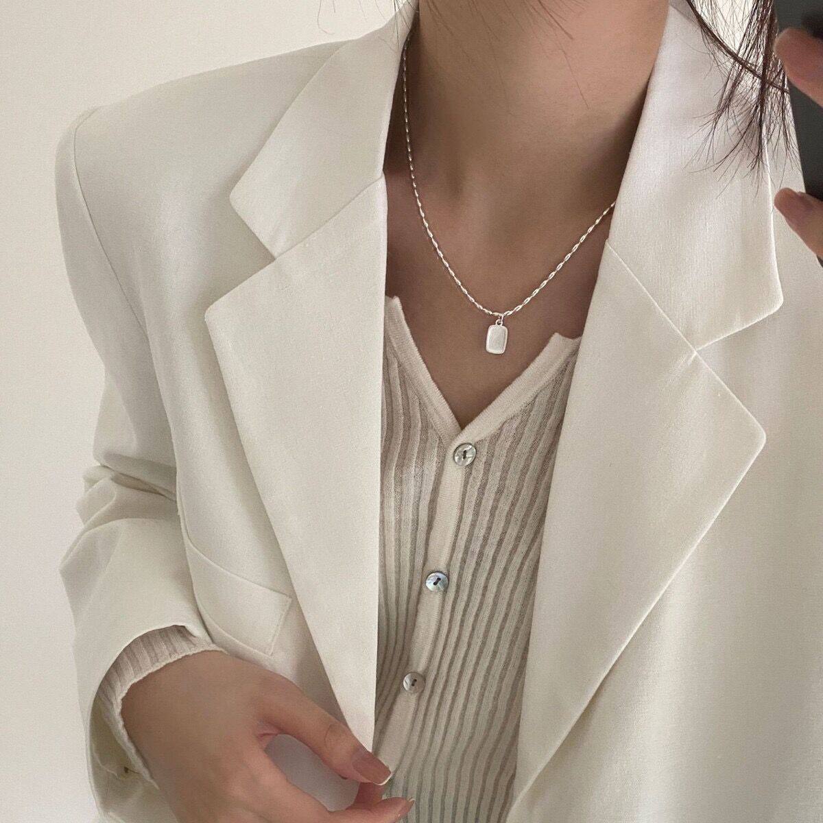 S925纯银拉丝方块项链女简约小众