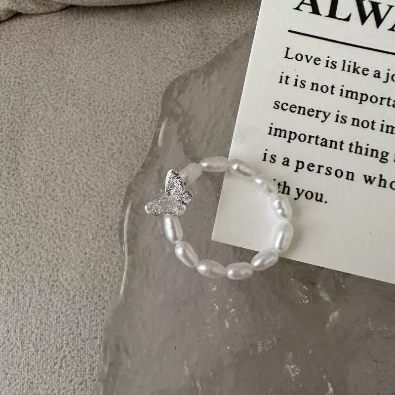 S925纯银韩版小众设计感蝴蝶珍珠戒指时尚简约INS风指环手饰