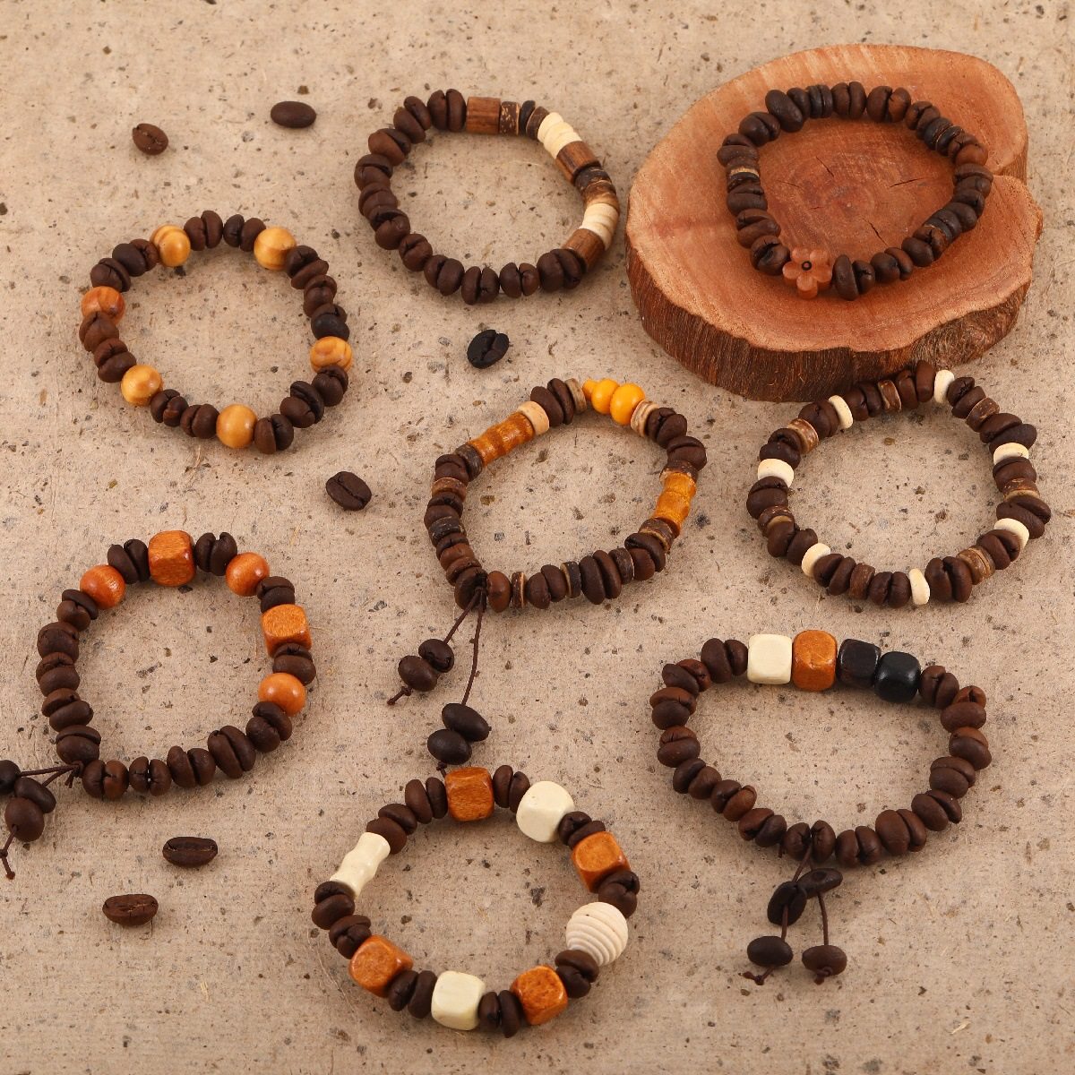 新中式手工天然咖啡豆天然石檀木椰片拼接咖啡豆香咖啡豆手串