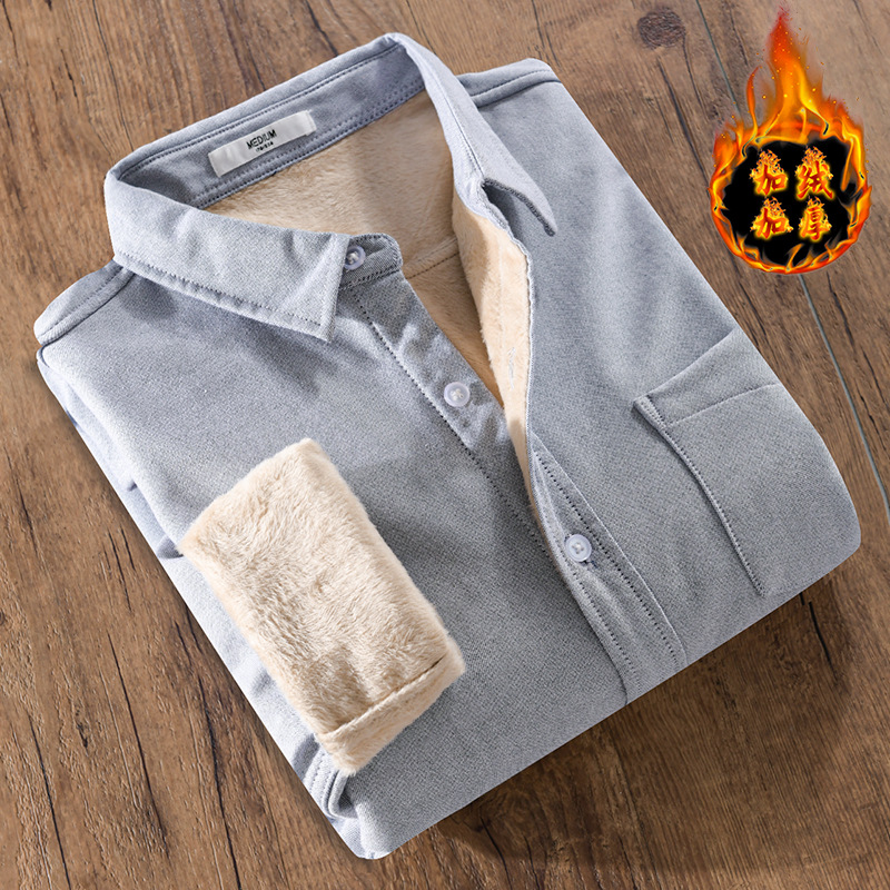 广东普宁衬衫男装秋冬季加绒加厚保暖长袖衬衫简约舒适青年男上衣