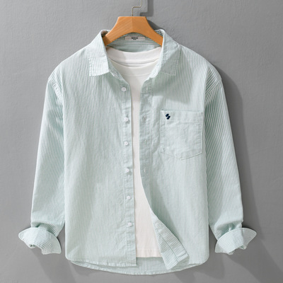 广东普宁衬衫男四季牛津条纹长袖衬衫纯棉休闲宽松百搭清新衬衣