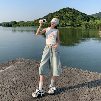 广州新塘五分牛仔短裤女美式高街复古港风宽松阔腿慵懒风七分裤子