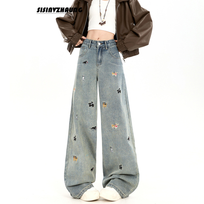 刺绣小狗高腰阔腿牛仔裤秋冬加绒
