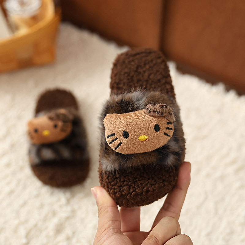 豹纹儿童毛毛拖鞋可爱猫