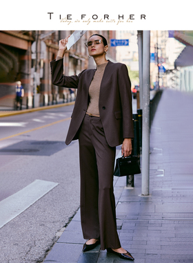 【会员新享】TieForHer Yale星辉无领西装女 直筒裤新款通勤套装