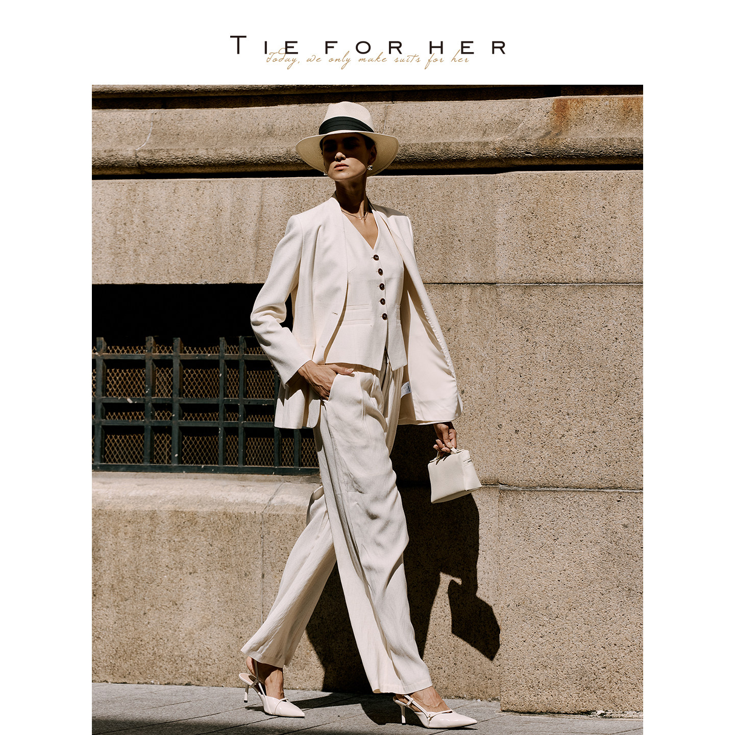 TieForHer 2026夏新款 白色无领单排扣西装纯色马甲裤子职场女