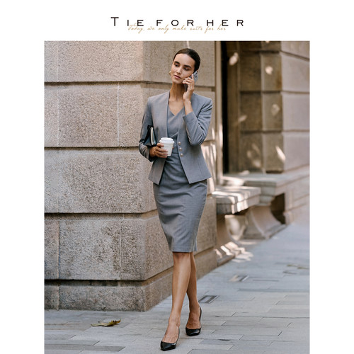 TieForHer 【华尔街】春夏高端通勤短外套捏褶显瘦连衣裙西装套装