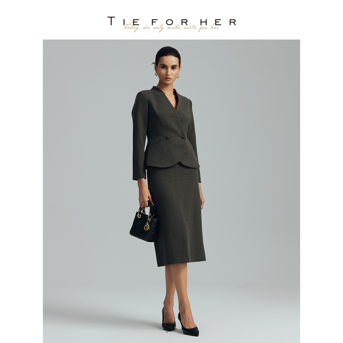 TieForHer 2026夏新款棕榈绿双排扣短外套半裙职场通勤显瘦套装女