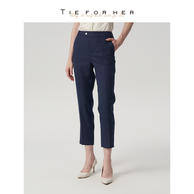TieForHer ELENA655蓝颗粒纹修身显瘦直筒职场通勤九分羊毛西装裤