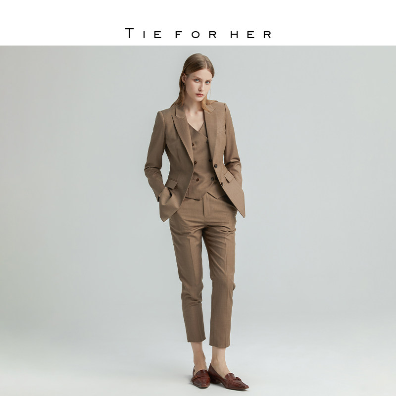 TieForHer丽制 OL系列丨陈数明星款卡其色通勤西装马甲九分裤套装