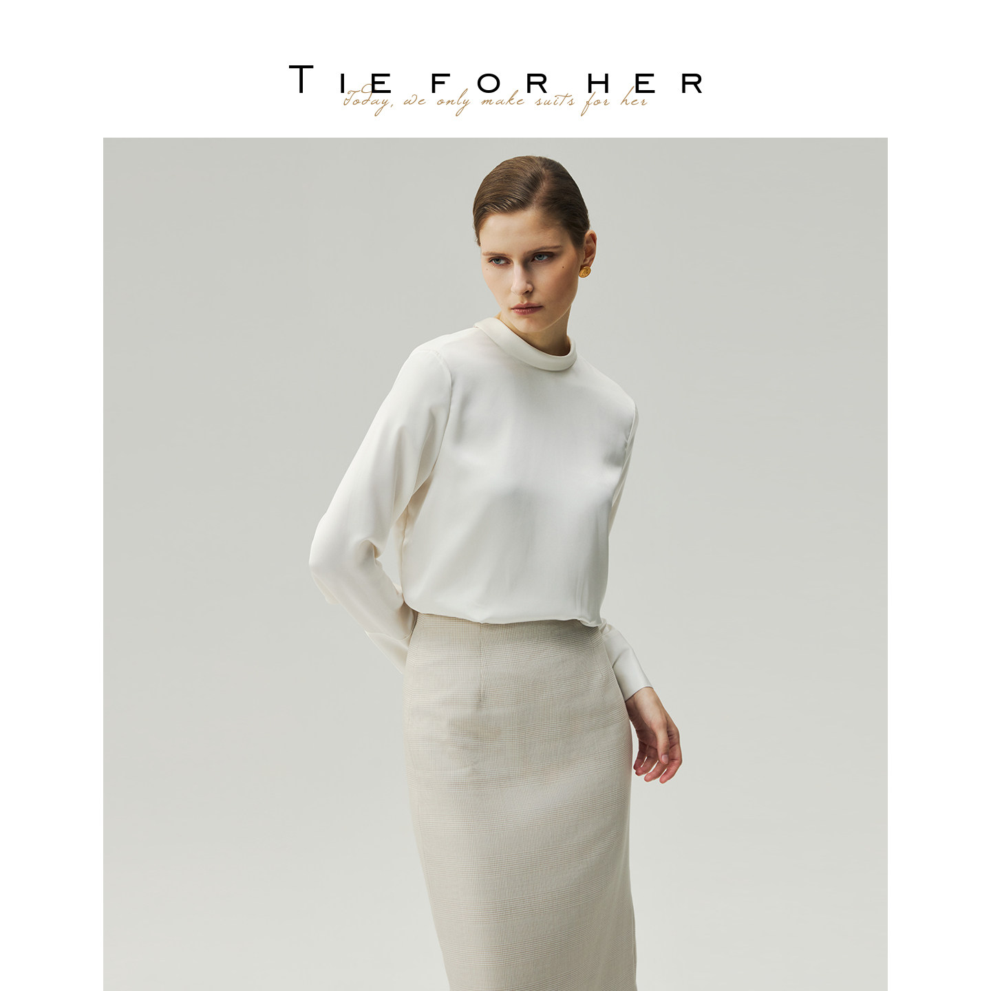 TieForHer 云缎白半高领飘带前后两穿衬衫 26早秋新款