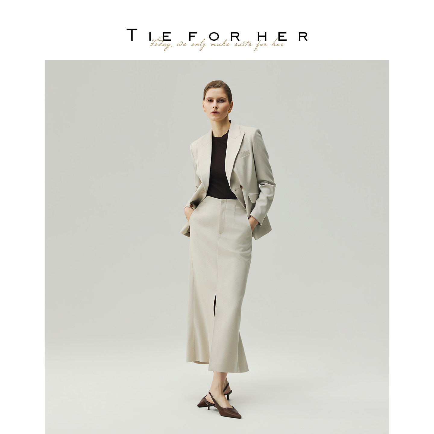 TieForHer 颗粒纹高腰前开衩直筒半裙显瘦通勤半裙女 26早秋新款