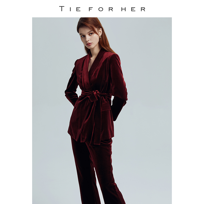 【天猫专享系列】TieForHer 明星同款红色丝绒西装外套女系带西服