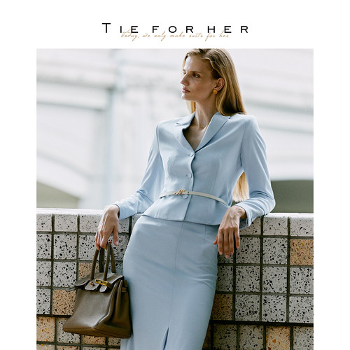TieForHer 2026夏新款 醋酸翻领单排扣外套 齐踝鱼尾裙气质套装