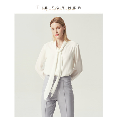 TieForHer白色衬衫设计感法式优雅职场通勤长飘带衬衫