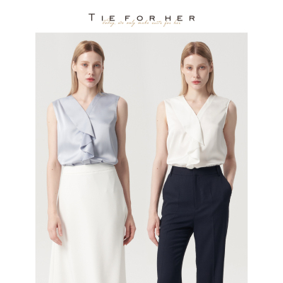 TieForHer 月光白V领荷叶边高级感职场通勤法式优雅无袖衬衫