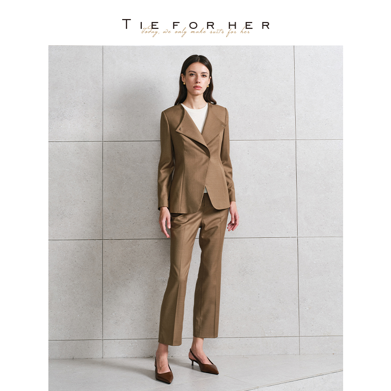 TieForHer卡其色斜襟西装套装显瘦女职业高级感秋上新通勤百搭
