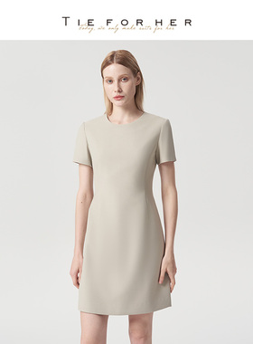 TieForHer Austin学霸裙 燕麦色短袖女裙子优雅显瘦高腰连衣裙