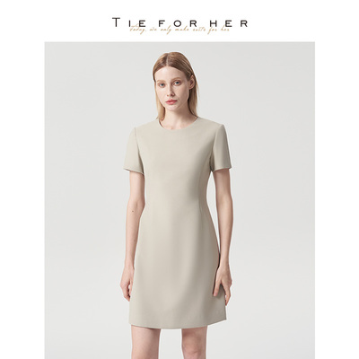 TieForHer Austin学霸裙 燕麦色短袖女裙子优雅显瘦高腰连衣裙