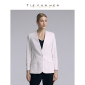 TieForHer白色无领单排扣设计感小个子职场精致通勤百搭西装 外套