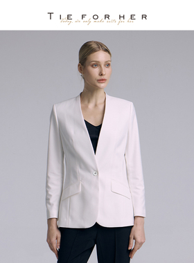 TieForHer白色无领单排扣设计感小个子职场精致通勤百搭西装外套