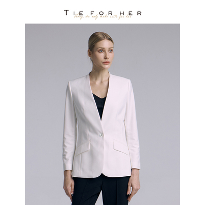TieForHer白色无领单排扣设计感小个子职场精致通勤百搭西装外套