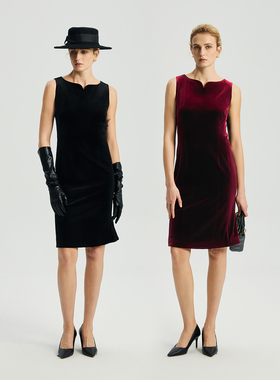 TieForHer 丝绒花瓣领鱼尾连衣裙年会晚宴裙红色黑色丝绒裙女秋冬