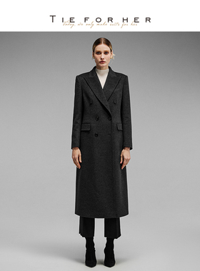 TieForHer WGC系列 秋冬新款双排H型羊毛羊绒高智老钱长款大衣女